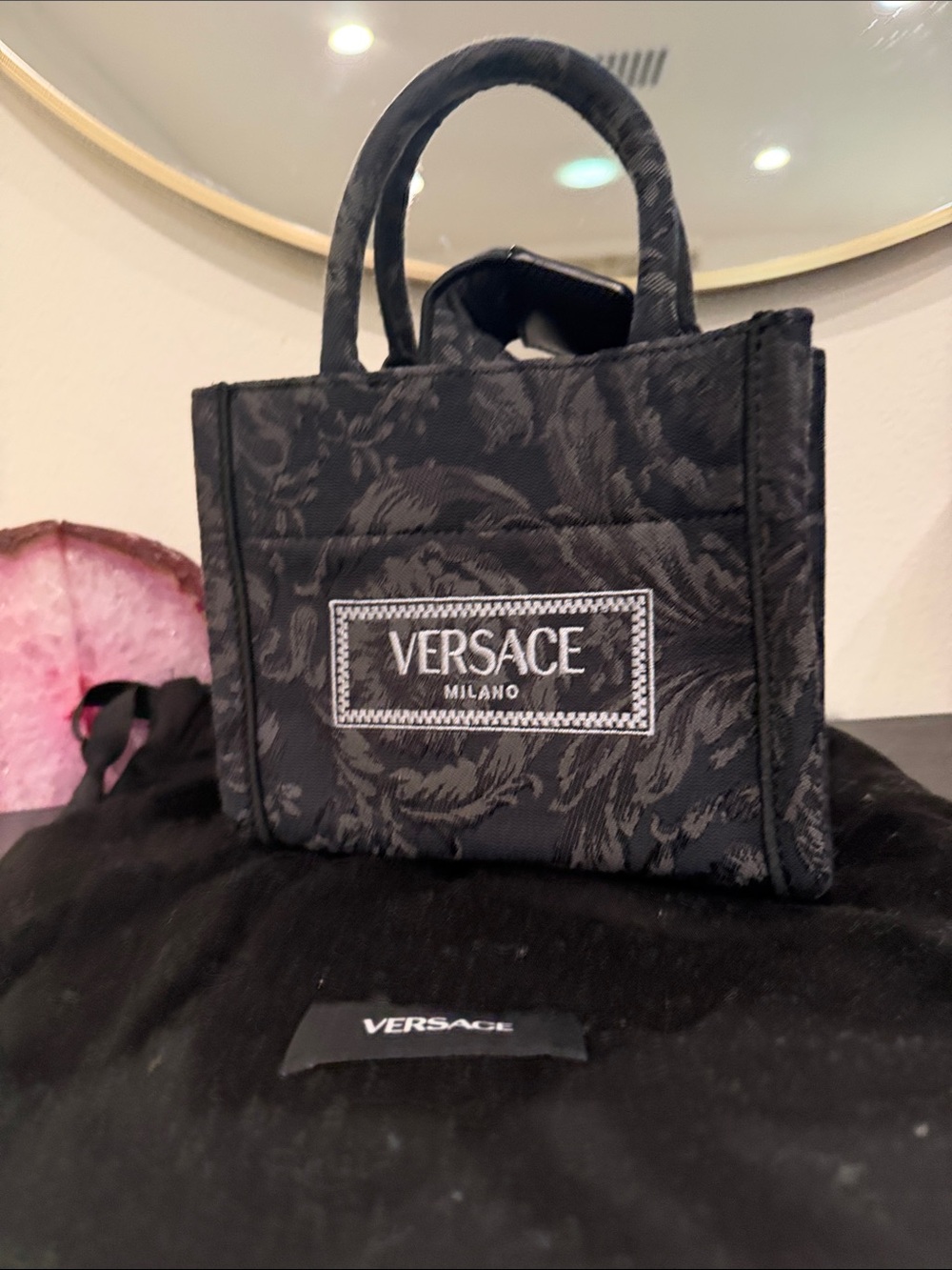 Versace Black Jacquard Mini Tote with Milano Patch